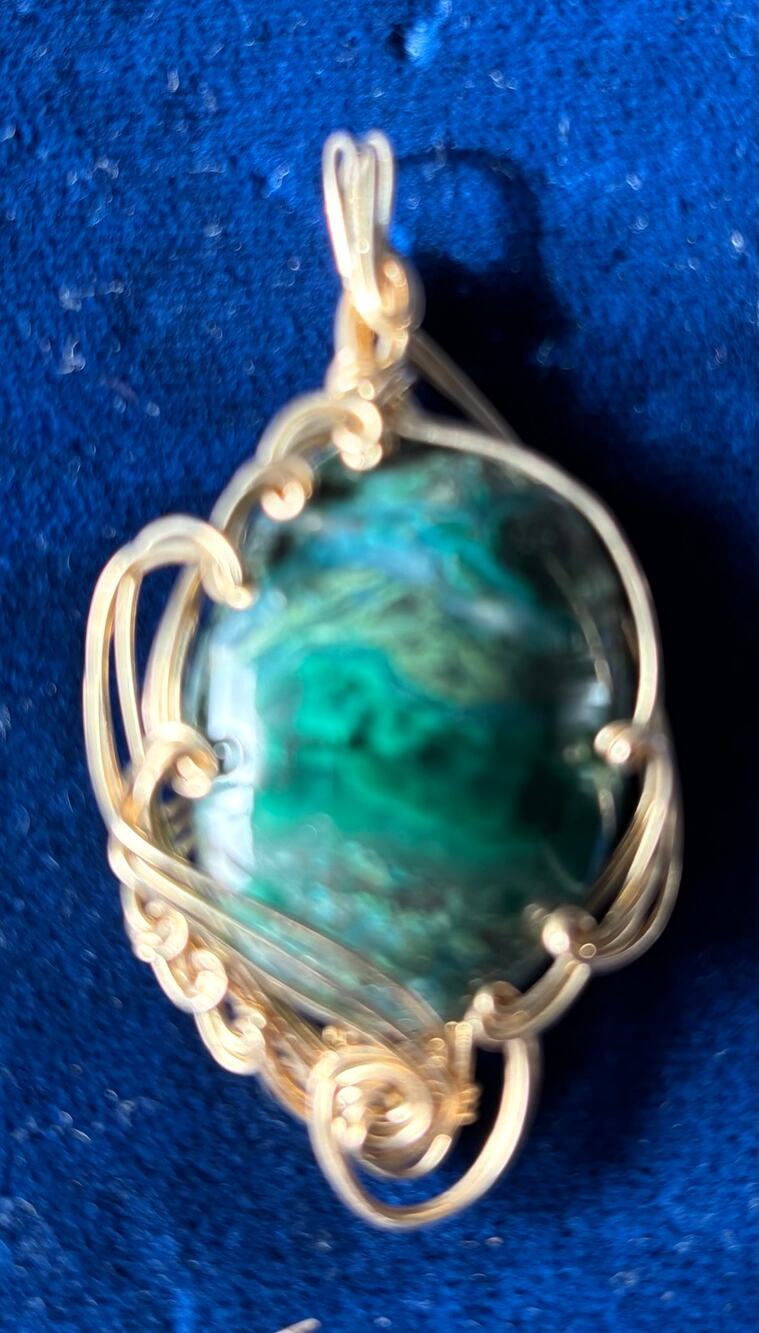 Chrysoclia Malachite Artisan Custom Made Wire Wrapped Pendant 2" x 1.5" New
